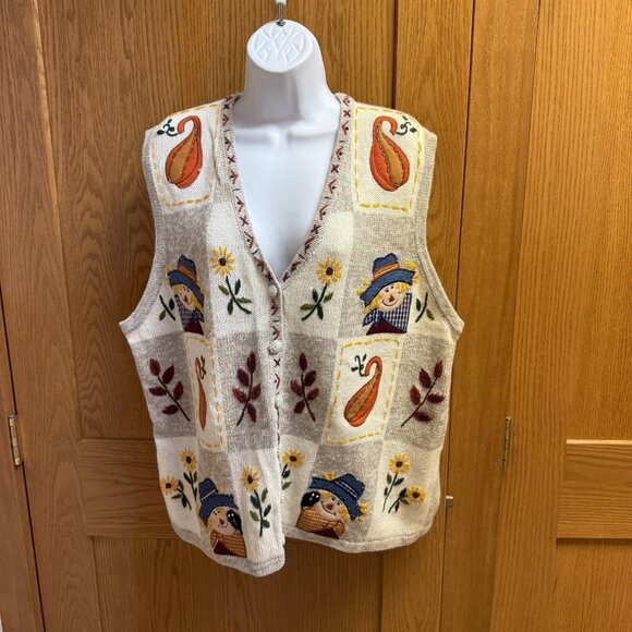 Bobbie Brooks Fall Pumpkin Scarecrow Leaves Sweater Vest - Size 22W / 24W - Picture 1 of 5